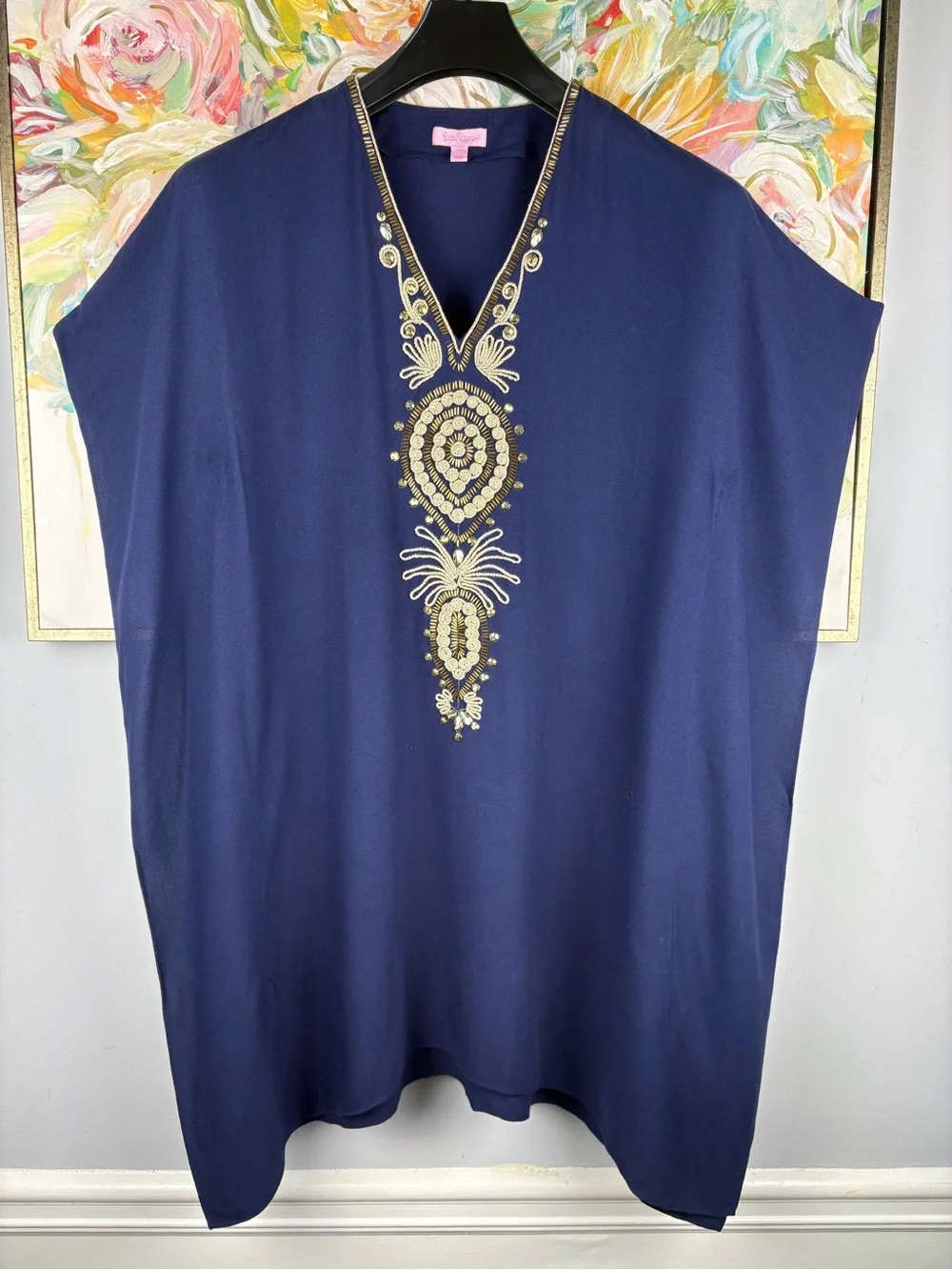 Lilly Pulitzer Embellished Caftan Tunic Dress Navy Blue Gold Beaded S/M - Picture 2 of 10
